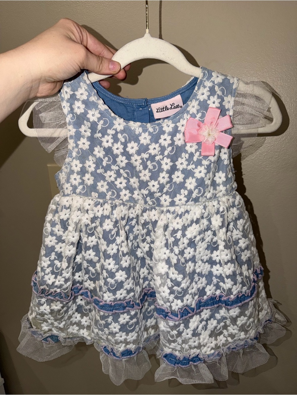 Little Lass Blue and White Floral Lace Party Dress with Pink Bow